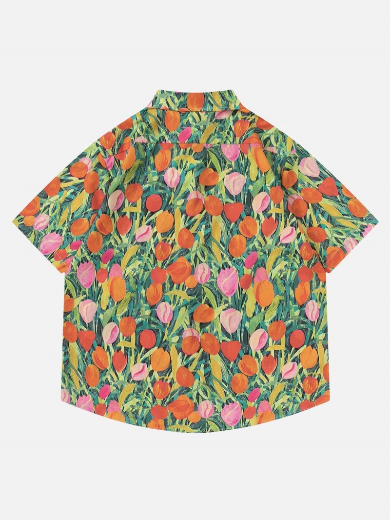 Vert  Chemise à Manches Courtes Aelfric Eden All-over Tulip Print - BIX-6061988